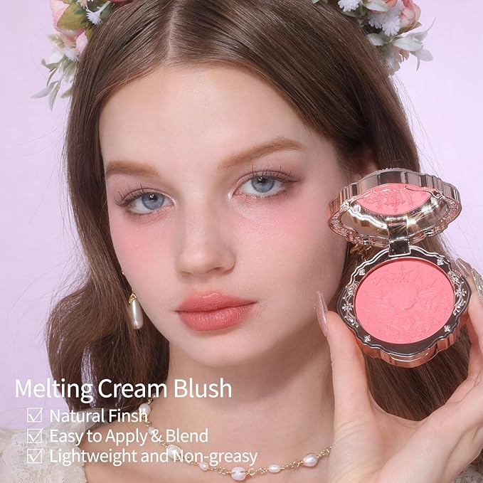 Flower Knows Little Angel Cream Blush 02 Floral Praise+Butterfly Cloud Collar Angled Powder Brush Pearly Moonlight