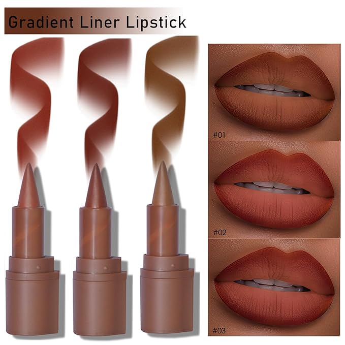 Gradient Lip Liner Matte Crayon Lipstick Set, Flawless Contour and Gradual Ombre Effect Lip Pencil High Pigmented Smudge Proof Waterproof Easy to Use Cone Tip (01#+02#+03#)