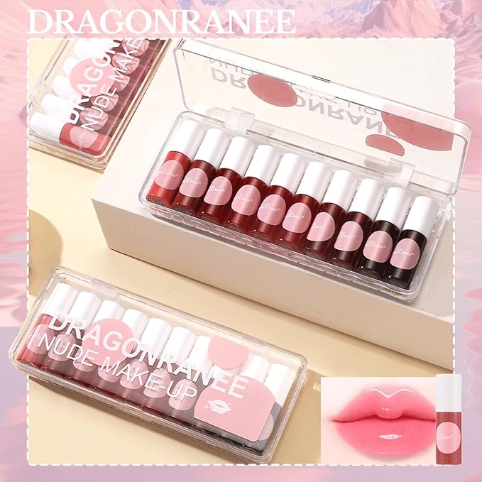 10 Colors Liquid Tint Stain, Korean Lip Gloss Moisturizing Natural Mini Liquid Lipstick, Multi-Use Lip and Cheek Tint, Lip Stain Long Lasting Waterproof, Non-Stick Cup