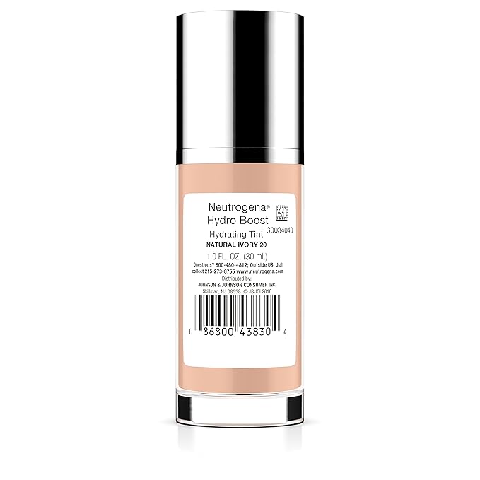 Neutrogena Hydro Boost Hydrating Tint with Hyaluronic Acid, Lightweight Water Gel Formula, Moisturizing, Oil-Free & Non-Comedogenic Liquid Foundation Makeup, 20 Natural Ivory, 1.0 fl. oz