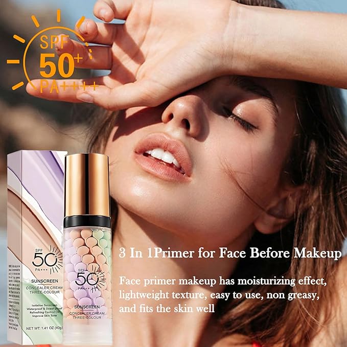 3 In 1 Primer for Face Before Makeup, SPF 50 Sunscreen Isolation Cream, One Step Color Corrector Primer, Hydrating Skin Corrector, Oil-Control & Matte Finish, Pore & Line Blurring for Radiant Tone