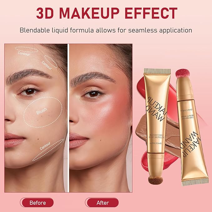 Summaryas Contour Wand & Blush Wand Duo, 2025 New 2 In 1 Women Contour Beauty Wand, Liquid Blush Wand With Applicator, for Skin Highlighting, Correcting (Blush Wands, 1pc)