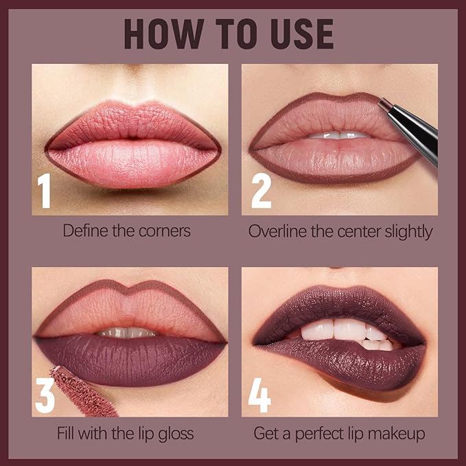 2 In 1 Matte Lip Gloss and Lip Liner,Waterproof Lipstick,Highly Pigmented Lip Sticks,Quick Drying,Dual-Ended Lip Sticks