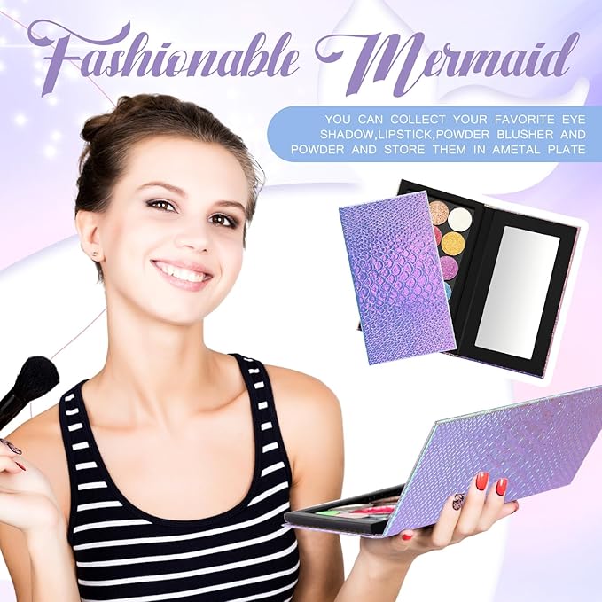 2 Pieces Magnetic Mermaid Empty Palette with Mirror and 36 Pcs Adhesive Metal Stickers Large Mermaid Makeup Empty Palette for Eyeshadow Lipstick Blush Powder