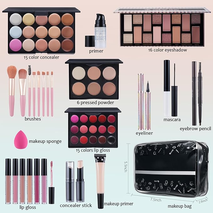 Makeup Kit For Women Full kit, Makeup Set For Teen Girls Eyeshadow Lip gloss Lipstick Make up Brushes Eyebrow Eyeliner Pen Liquid Concealer Foundation Primer makeup bag