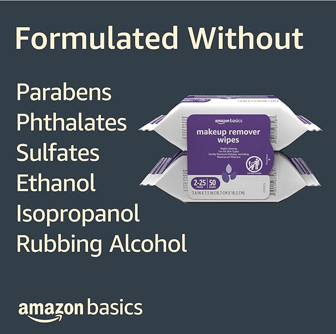 Amazon Basics Makeup Remover Wipes, Gentle Cleansing, Dermatologist Tested, Night Calming, Plant Based, Alcohol Free, Removes Waterproof Mascara, 25 Count Per Pack, Pack of 2 (Previously Solimo)