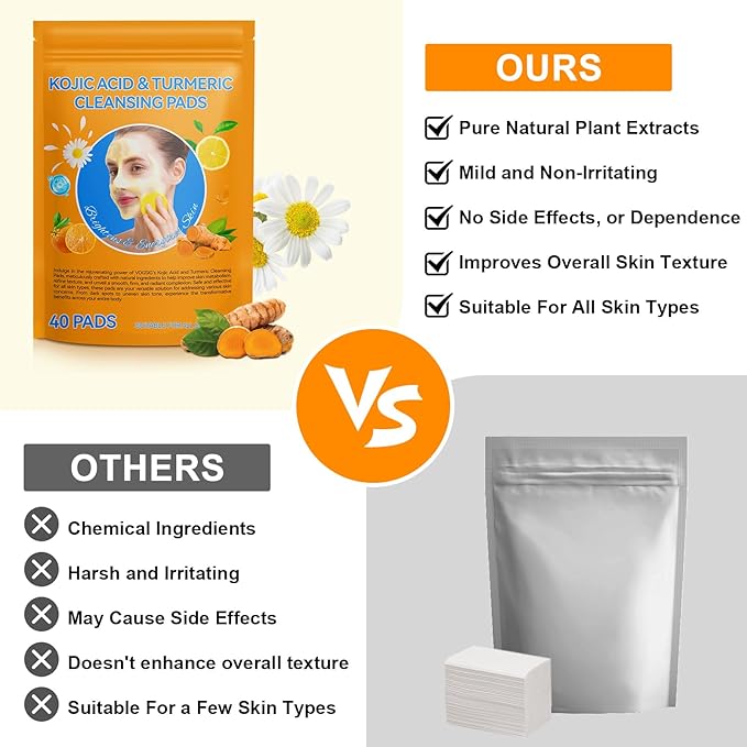 Turmeric Cleansing Pads Kojic Acid Turmeric Cleansing Pads, Face Turmeric & Kojic Acid Pads for Dark Spots, Glow Up Acne Scars, Unclog Pores, Enriched Vitamin C,Gentle & Non-Irritating