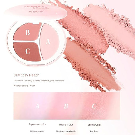 Novo 3-Color Blush Palette - Silky Smooth, Buildable Formula, Natural Radiant Glow, Long-Lasting, No Caking, Suitable for All Skin Tones (01# Tipsy Peach, Net Weight: 7.4g)
