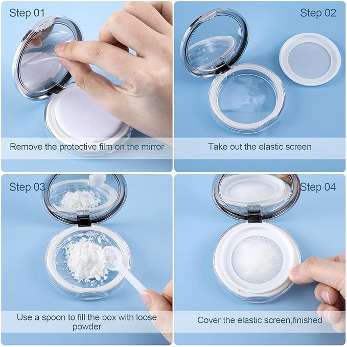 OIIKI 4 Packs Loose Powder Compact Containers, 5g Refillable Container with Powder Puff, Mirror, Net, Spoon, DIY Makeup Powder Cases Portable Powder Compact Boxes for Daily Use or Travel - Silver