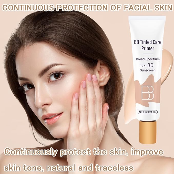 BB Cream Tinted Moisturizer SPF 30, BB Tinted Primer Full Coverage, Even Skin Color Hydrating and Smoothing