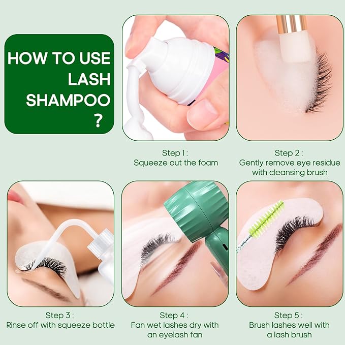 Buqikma Lash Shampoo Kit - Eyelash Extension Cleanser for Extensions 60ML with Rechargeable Handheld Lash Fan Dryer Mascara Brush Rinse Bottle Makeup Cleansing Foam for Lash Care