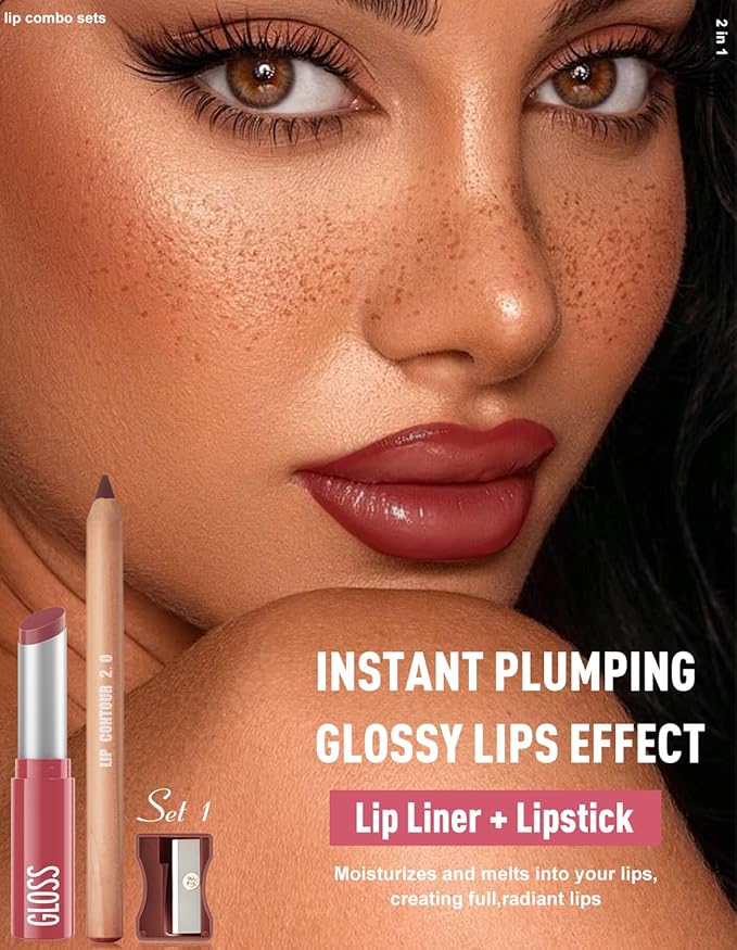 2 Pcs Lipstick and Lip Liner Set Hydrating Lip Tint Non-Sticky Lightweight Lip Balm Plumping Lip Kit for Women Matte Lip Pencil Long Lasting Gradient Glossy Lip Combo with Sharpener, 01