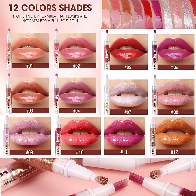 2 in 1 Nude Pink Shimmer lip gloss Lip Plumper Gloss Tinted Glitter Lipgloss Lipstick Moisturizing High Shine And Vegan Plumping Lip Gloss For Women Girls Long-Lasting Dry Lip Care (08#)