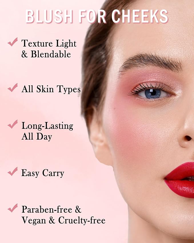 Blush Powder for Cheeks,Gradual Shimmer Pink Blusher Palette with Brush,Lightweight Buildable Color Blush Hightlighter Powder,Longlasting Waterproof Facial Makeup,Mother's Day Gift for Women Girl-06#