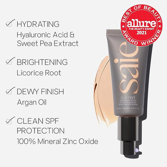 Saie Slip Tint Tinted Moisturizer with SPF 35 - Light Coverage, Glowy Skin Tint & Mineral Sunscreen for Face with Hydrating Hyaluronic Acid - Summer Makeup Essential - Shade Five + Half (1.35 oz)