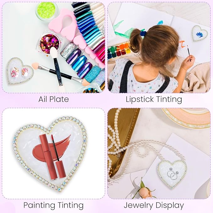 Resin Nail Art Palette Nail Painting Mixed Color Palette Gold Edge Nail Holder Display Board Heart Rhinestone DIY Makeup Pallet Polish Gel Color Mixing Tray Cosmetic Mixing Tools Valentine's Day