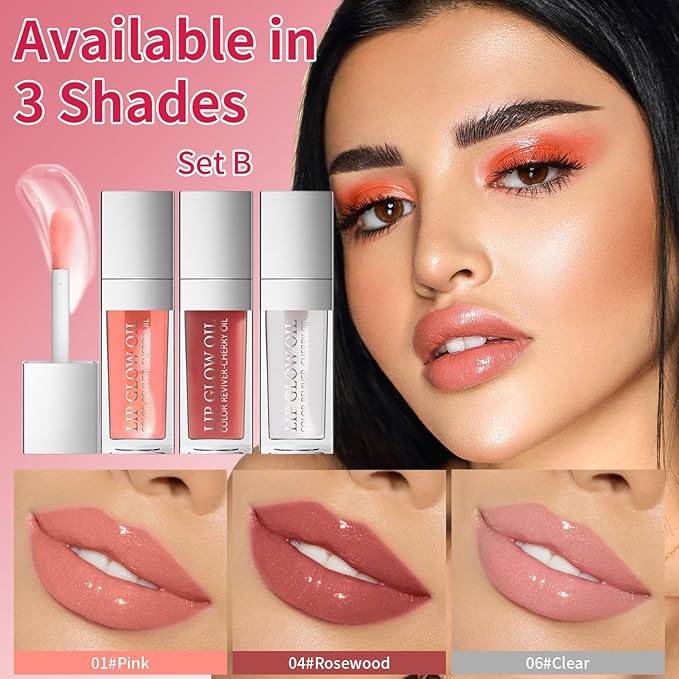 3Pcs Hydrating Lip Glow Oil - Moisturizing Tinted Lip Gloss Plumping Nourishing Shiny Long-Lasting Lip Stain with Cherry Seed Oil 0.27 fl.oz (Set B)