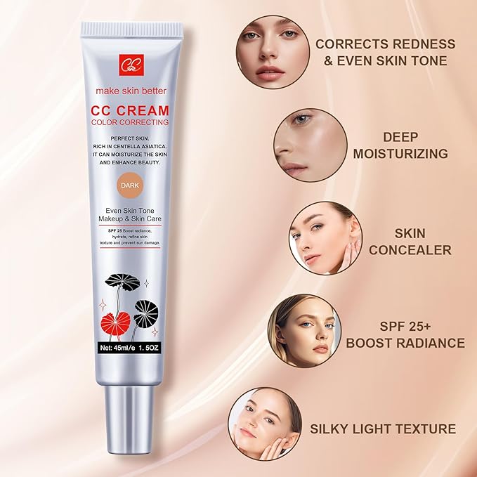 Color Correcting CC Cream with Powder Puff 【SPF 25】, Light & Hydrating CC Cream Foundation with Centella Asiatica, Multi-Purpose for Even Skin Tone, Refine Skin Texture, SPF Protection (Dark)