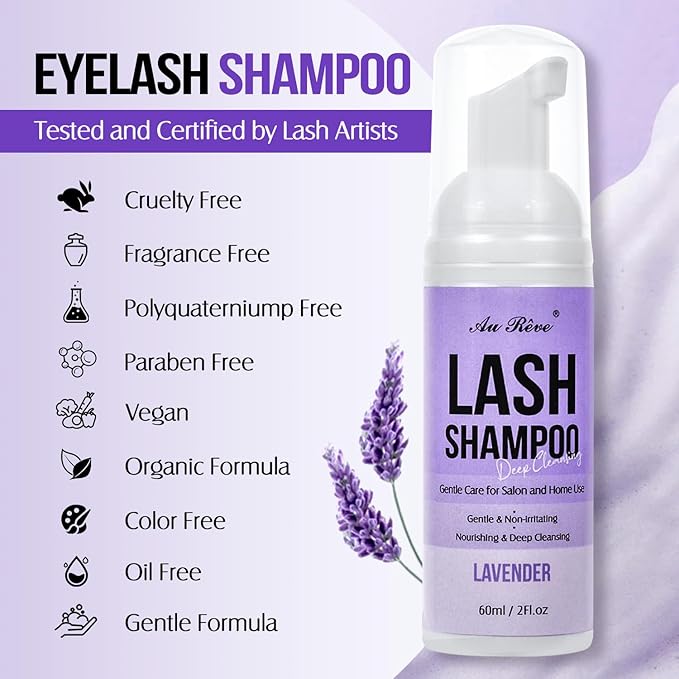 Lash Shampoo for Lash Extensions 60 Ml/2fl.oz Eyelash Extension Cleanser Oil Free Lash Cleanser for Eyelash Care, Gentle Foaming Eyelash Shampoo with Brush for Salon Home Care (Lavender 60ml)