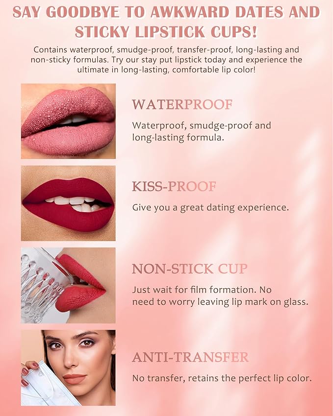 Matte Liquid Lipstick, Nude Red Velvet Lipstick Moisture Smooth Lip Stain Tint, 24H Stay Matte Lipstick, Non-Stick Cup Not Fade Long Wear Waterproof Lip Gloss Lipstick Gift for Women Girls-02#