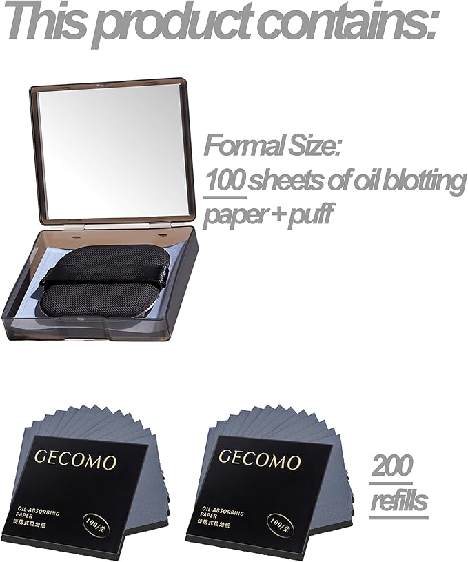 Bamboo Charcoal Oil Blotting Paper - 300 Sheets w/Mirror, Puff & Refills, Absorbs Excess Face Oil, Controls Shine, Gentle for Makeup Use