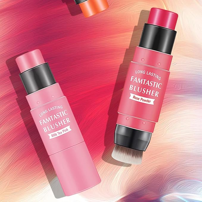 Cream Blush Stick for Cheeks - 2 in 1 Multi Makeup Blush with Brush for Cheeks Tint & Eyes & Lips, Waterproof Smooth Creme Texture, Long-lasting Wear All Day, #02 Rose Red