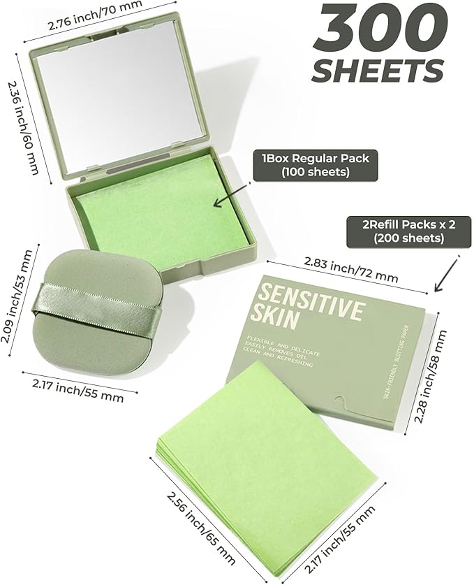 300 Oil Blotting Sheets for Face with Mirror & Puff Set | Oil Absorbing Sheets for Oily Skin | High-Performance Oil Control | Say Goodbye to Greasy | Summer Essentials for Women