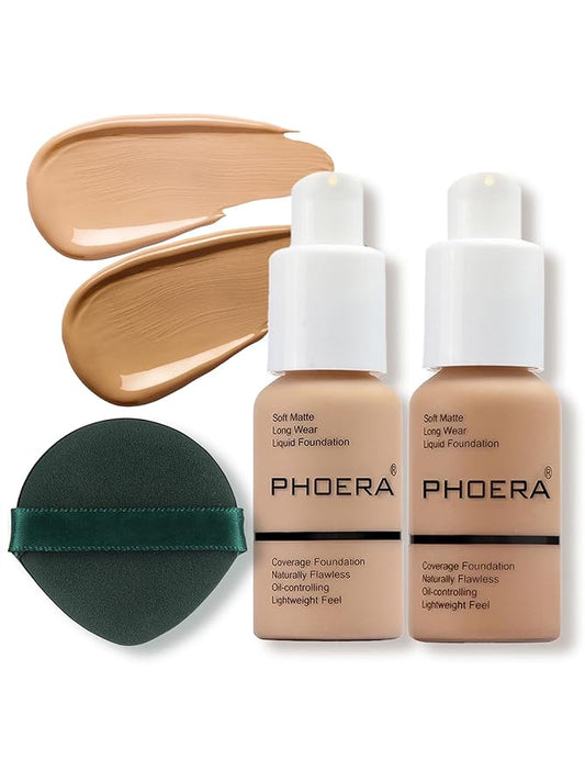 PHOERA Foundation Makeup, Flawless Soft Matte Oil Control Liquid Foundation, Full Coverage Mattle Oil-Control Concealer for Older Women, Great Choice For Gift (104&105, 60ml)