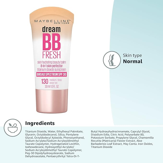 Maybelline Dream Fresh Skin Hydrating BB cream, 8-in-1 Skin Perfecting Beauty Balm with Broad Spectrum SPF 30, Sheer Tint Coverage, Oil-Free, Medium/Deep, 1 Fl Oz (Pack of 2)