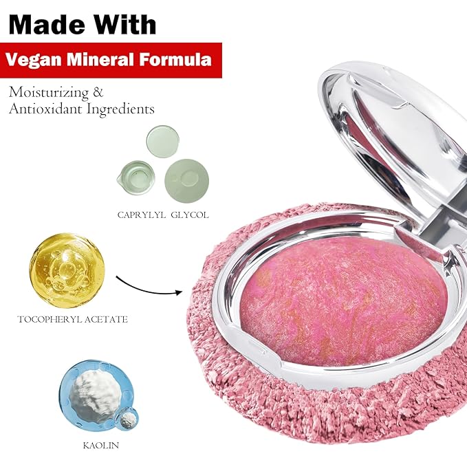 Baked Blush Marbleized Powder Blush for Cheeks, Lightweight Natural Finish, Infused with Vitamin E, Vegan & Cruelty Free, Talc Free - #001 FANTASY PRINCESS