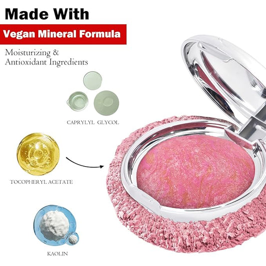 Baked Blush Marbleized Powder Blush for Cheeks, Lightweight Natural Finish, Infused with Vitamin E, Vegan & Cruelty Free, Talc Free - #001 FANTASY PRINCESS