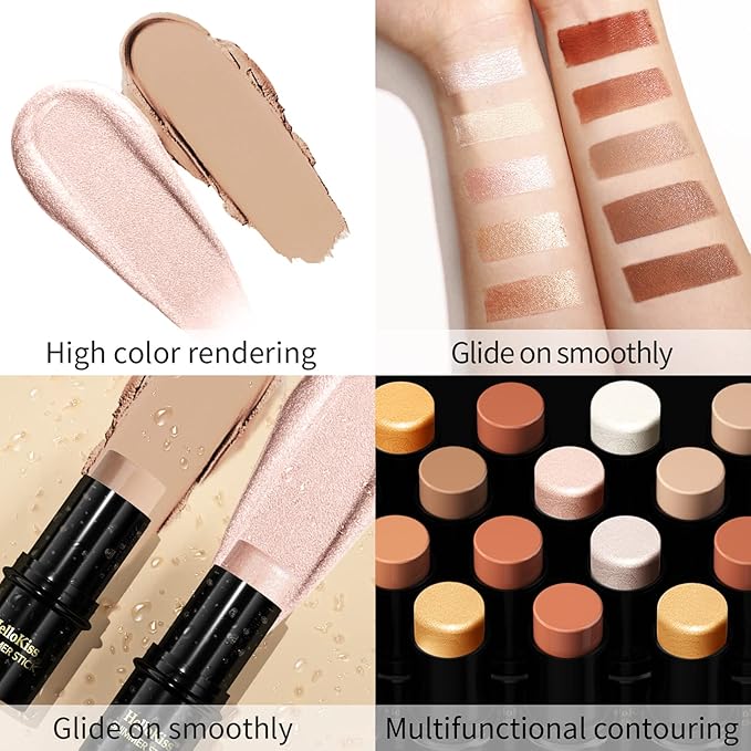 POPMISOLER 2pcs Makeup Highlighter & Cream Contour Stick, Natural Face Bronzer & Cool Toned Contour Kit for Beginners, Waterproof Shimmer Highlight Stick