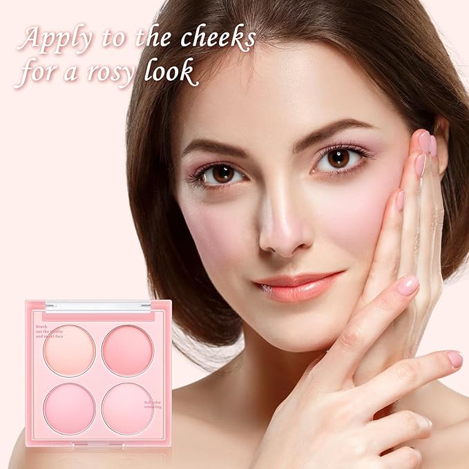 4 Colors Cream Blush Palette, Matte Pink & Highlighter Eyeshadow Makeup Palette with Blush Brush