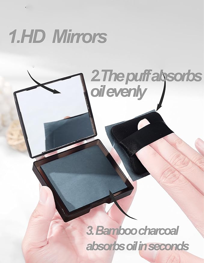 Bamboo Charcoal Oil Blotting Paper - 300 Sheets w/Mirror, Puff & Refills, Absorbs Excess Face Oil, Controls Shine, Gentle for Makeup Use