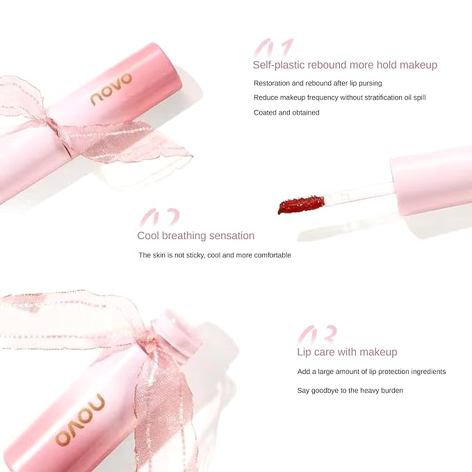 Novo Glassy Lip Stain - Hydrating Non-Sticky Shine, Long-Lasting, Moisturizing Formula for a Natural Look, Keeps Lips Vibrant & Soft All Day, Available in 02# Strawberry Iced Tea & 716# Apricot Orange