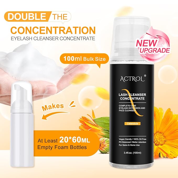 Eyelash Cleanser Concentrate 100ml Calendula Lash Shampoo Foaming Cleanser Paraben & Sulfate Free Non-lrritating Wash for Extensions Lashes with Salon Home Care-Makes 20 Bottles