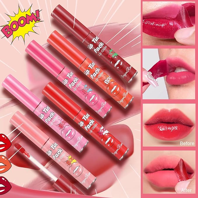6 Colors Peel off Lip Stain Set, Peel off Lip Liner Tattoo Matte Finish Lip Tinted Lipstick Liquid Lipstick Long-Lasting Bright Colors, Lip Makeup Gift for Women