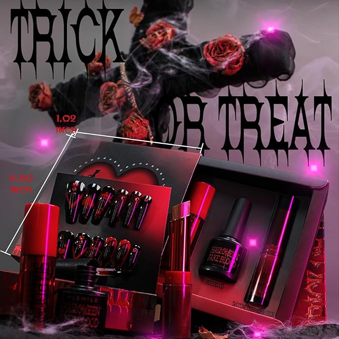 Halloween Fake Blood Vampire Accessories Blood Red Lipstick Glitter Eyeshadow Black Press On Nails for Eyes Teeth Mouth Nose Bleeds Cosplay SFX Zombie Makeup Monster Party Stage Horror Film