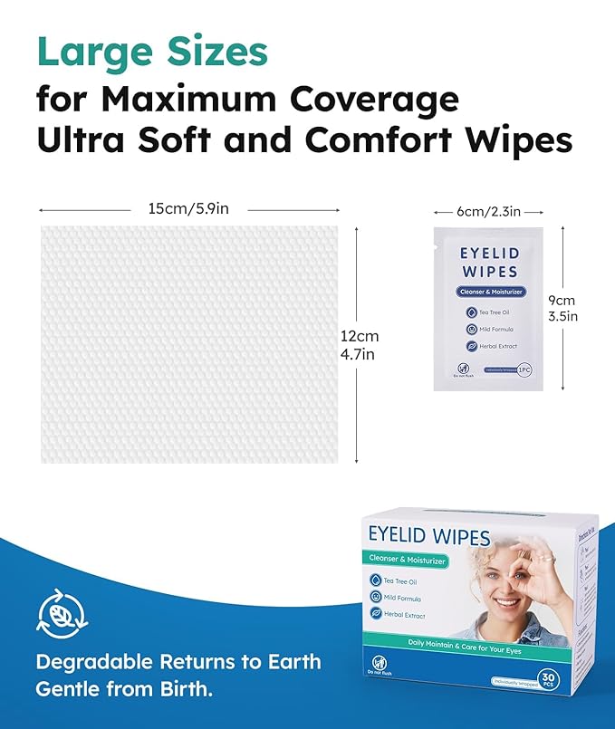 30 Packs Tea Tree Oil Hypoallergenic Eye Wipes for Itchy Eyes & 30 Packs Steam Eye Mask Lavender