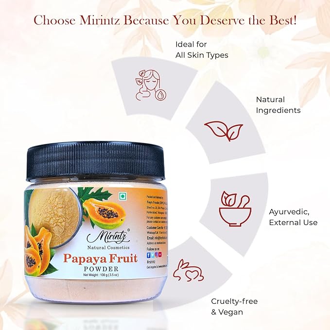 100% Natural Papaya Powder for Skincare | (3.5 Oz) Herbal Natural Fruit Powder for Cosmetics - Face & Skin | Dried Papaya Powder Mix for Papaya Cream | Fruit Fresh Powder for Glowing Skin