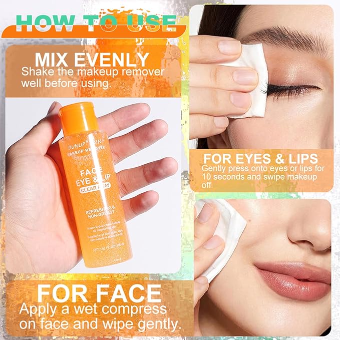 Oil-Free Dual Phase Makeup Remover – Gentle on Sensitive Eyes, Removes Waterproof Makeup | Moisturizing 3-in-1 Formula (100ml ORANGE)