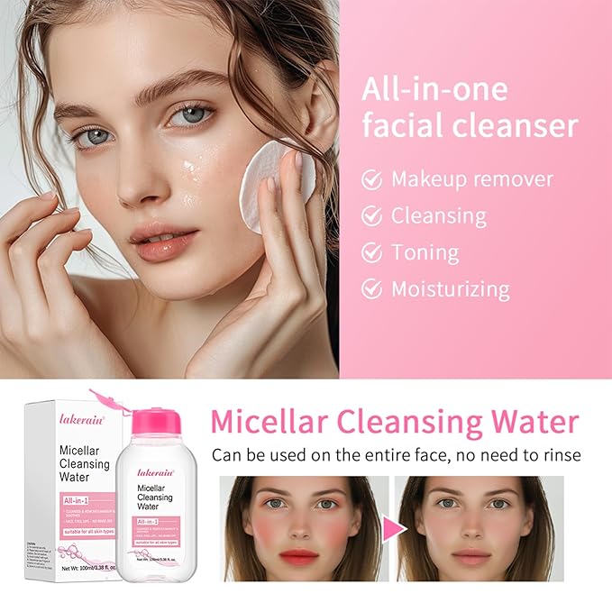 NICEFACE All-in-One Micellar Cleansing Water, Hydrating Facial Cleanser & Makeup Remover, Apply to Face, Eyes and Lips - No Rinse Off, Suitable for Sensitive Skin, Vegan, Cruelty Free (100ml)