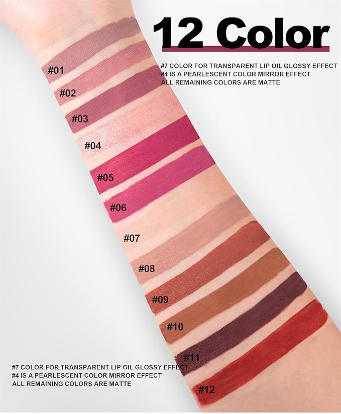 12Pcs Nude Matte Liquid Lipstick Set, Waterproof Long Lasting Non-Stick Cup 12 Colors Nude Lipstick 24 Hour Not Fade Matte Lipstick Professional Lip Gloss Makeup Mother's Day Gift Sets for Women