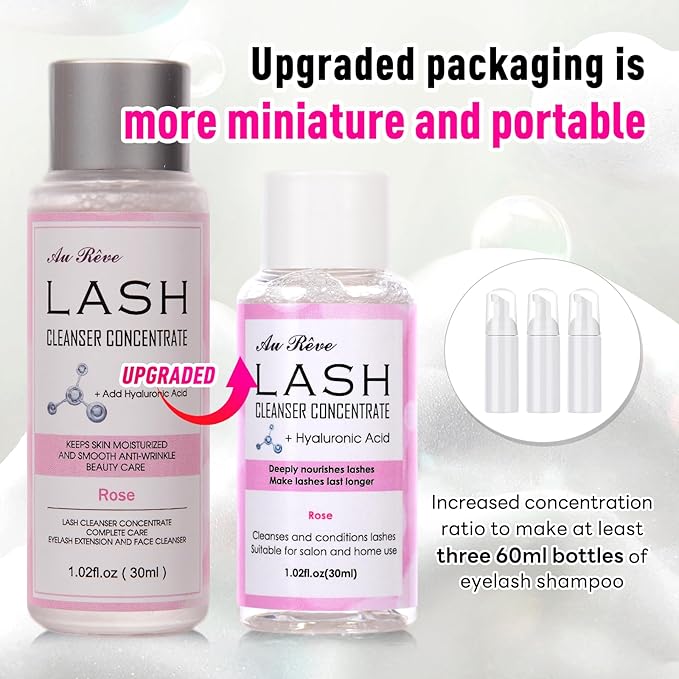 Lash Shampoo Concentrate 30ml Lash Cleanser Concentrate Update Oil-Free Eyelash Extension Cleanser for Salon Home Care, Makes 6 Bottles 60ml Eyelash Shampoo (Rose)