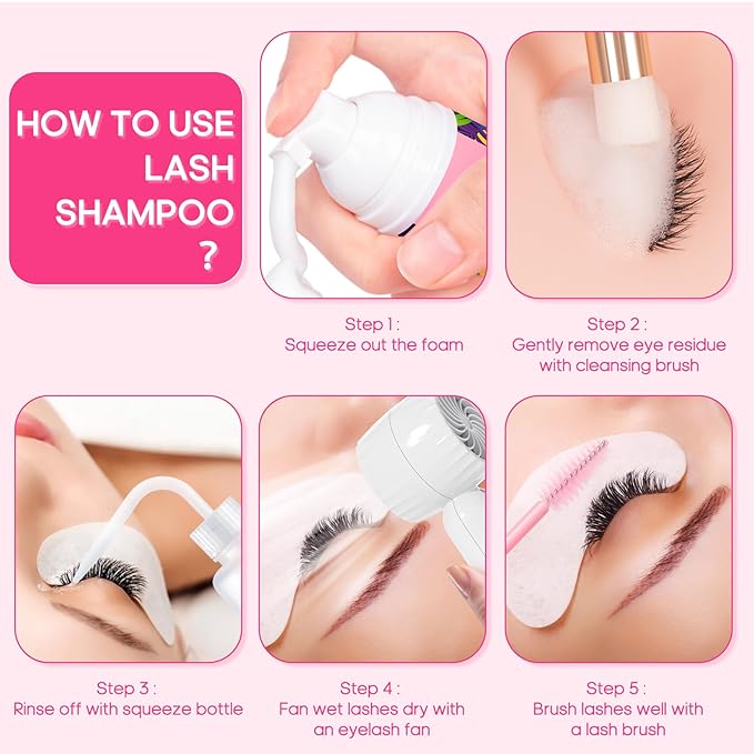 Buqikma Lash Shampoo Kit - Eyelash Extension Cleanser for Extensions 60ML with Rechargeable Handheld Lash Fan Dryer Mascara Brush Rinse Bottle Makeup Cleansing Foam for Lash Care