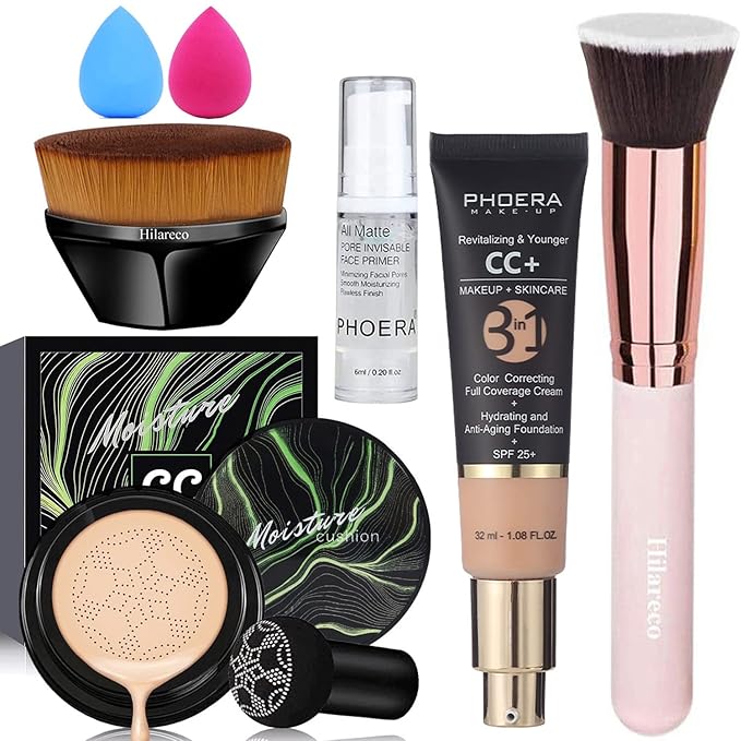 Mushroom Head Air Cushion CC Cream Natural Foundation,PHOERA CC Cream Foundation With SPF,Color Correcting Anti Aging Hydrating Serum,PHOERA Face Primer (#03 Warm Nude +#120 Nude)