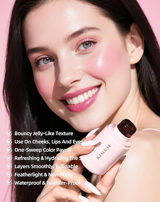 KIMUSE Jelly Cheek & Lip Tint, Watercolor Blush, Multi-Use Makeup, Tint for Cheeks, Lips & Eyes, Lightweight, Sheer & Buildable Color, Vegan Formula, Cruelty-Free