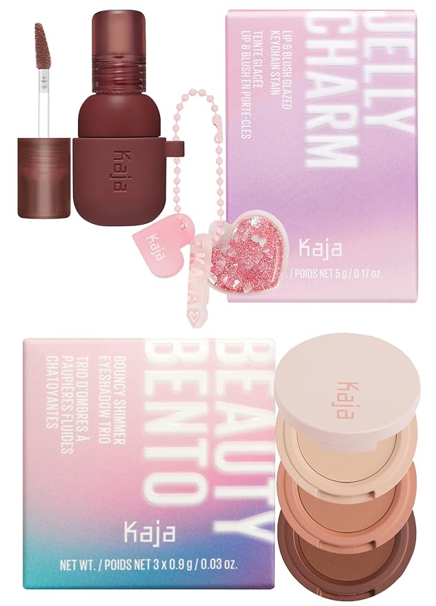 Kaja Lip & Blush Glazed Keychain Stain - Jelly Charm 06 Mocha Glaze + Beauty Bento Collection - Bouncy Eyeshadow Trio 13 Velvet Dream, 0.03 Oz Bundle