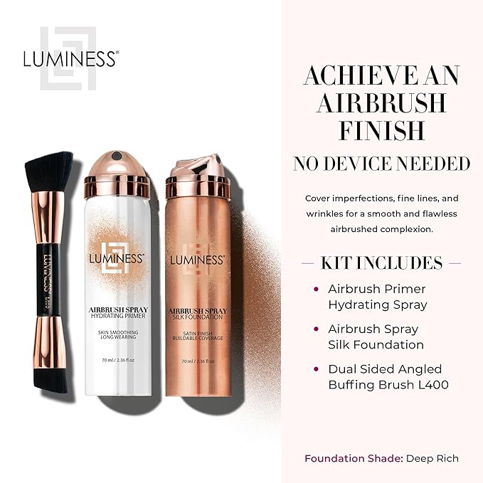 LUMINESS Airbrush Spray Silk Foundation Starter Kit - Deep Rich - Foundation, Primer & Dual-Sided Angled Buffing Brush - Medium, Buildable Coverage, Anti-Aging Formula Hydrates & Moisturizes
