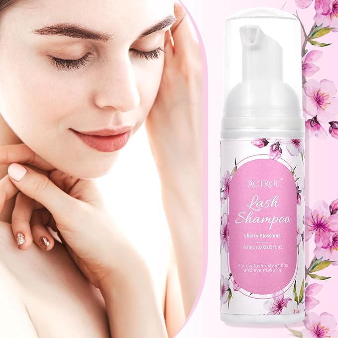 Eyelash Extension Cleanser 60ML Colored Pink Cherry Blossoms Lash Extension Shampoo Lavender Professional Eyelid Foaming Cleanser Paraben & Sulfate Free Non-lrritating